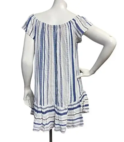Eight Sixty Women's Off Shoulder White Blue Striped Ruffle hem Shirred Dress