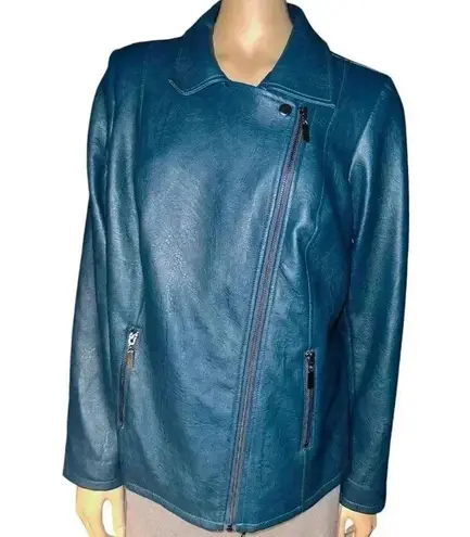 Alfani NWOT Women's Asymmetrical Zip Teal Faux Leather Jacket size 1X