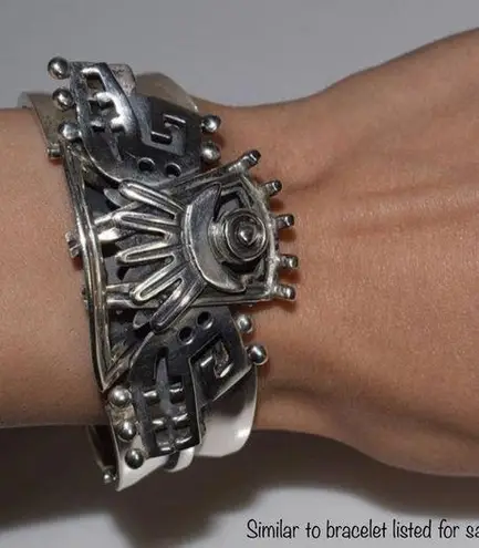 Sterling Silver TAXCO Aztec cuff bracelet, 62g