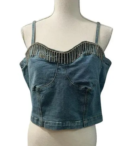 Savanna Jane Denim Rhinestones Corset Crop Top L Shabby Chic Cowgirl Blue Size L