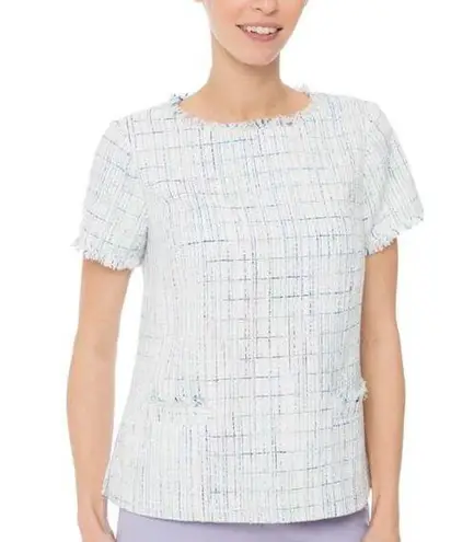 Sail To Sable STS Women's White Blue Aqua Frayed Tweed Zipper Top Size Small