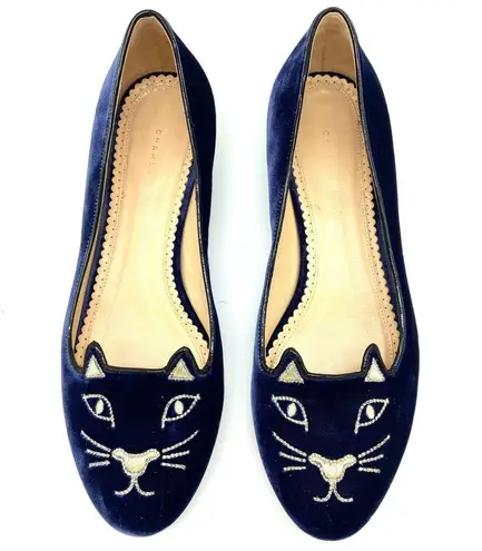 Charlotte Olympia Kitty Cat Navy Blue Velvet Flats Loafers Gold, EU 39 US 8.5-9