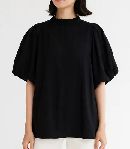 Something Navy Puff Sleeve Ruffle Blouse in Black