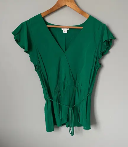 J by J. Crew Emerald Green V Neck Flutter Sleeve Tie Waist Top Size 8