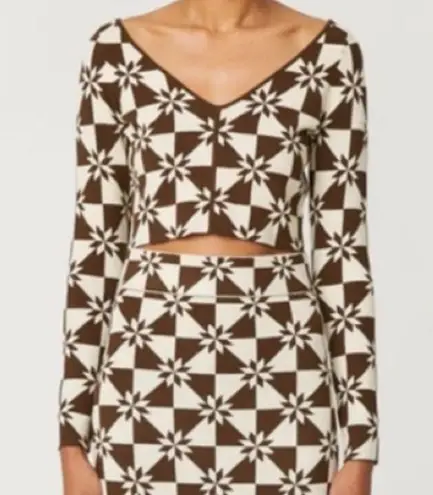 Rhode Ida Cropped Jacquard Long Sleeve Knit Sweater Top Size Small Brown