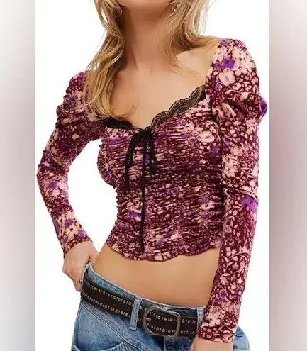 Free People  Lace Ruched Long Sleeve Deep Rouge New with tags Size Large Direct