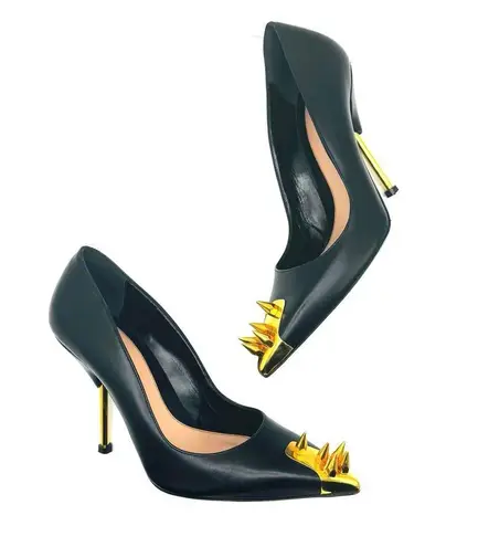 Alexander McQueen Black & Gold Studded Pointed Toe stiletto Pumps IT 39