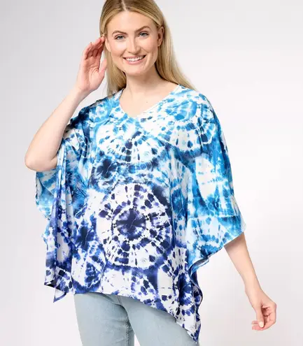 Belle Kim Gravel Tie Dye Woven Aloha Poncho Size XL Blue Kaftan Lightweight