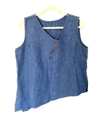 VTG IC Collection Lagenlook Asymmetrical Linen Chambray Zip Shirt Skirt Set XL Blue