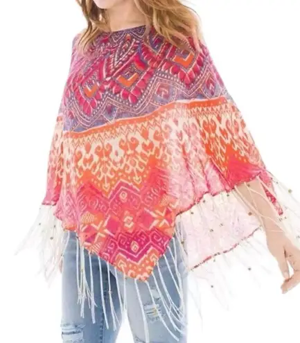 Chico's  Phoebe Poncho Linen Semi Sheer Beaded Fringe Southwestern Cowgirl Sz OS