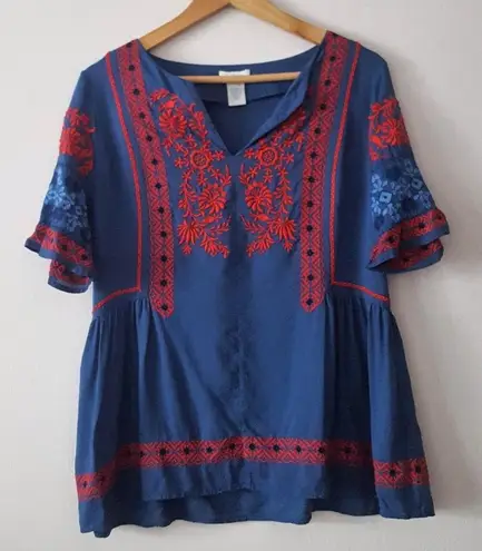 SUNDANCE "FABLE" BLUE/RED FOLKLORE EMBROIDERED TOP M Blue Size M