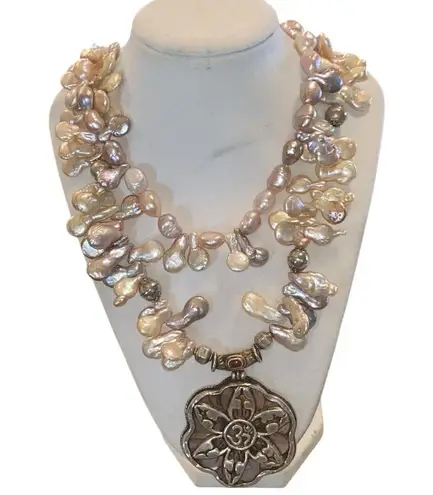 Keshi pearl & sacred OM mandala w/ unique charms along the string of pearls