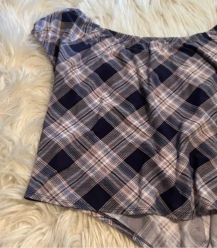 No Comment Off Shoulder Top Navy Plaid