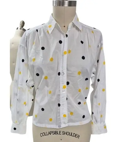 Liz Sport 80s Vtg White Cotton Blouse Black/Yellow Polka Dots Secretary