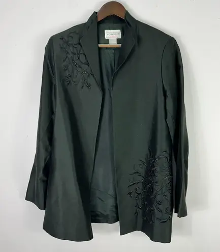 Victor Costa Silk Jacket Women M Beaded Open Front Dark Green Evening Old Money Black Size M