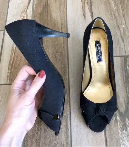 American Living Consuelo Black Open Toe Bow Tie Fabric Heels, sz. 7
