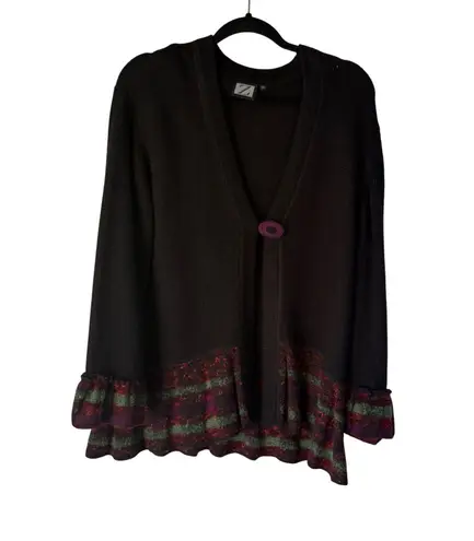 Z Cardigan Black Knit Sweater Ruffle Hem Unique Button Detail XL Boho Cottage