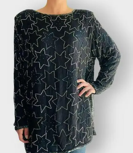 American Vintage Crimson Blouse Vintage Beaded Stars Novelty Long Sleeve Keyhole Black 100% Silk