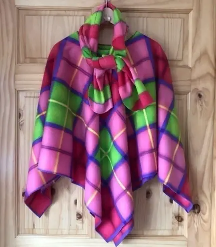 Bright multicolored plaid fleece handmade poncho & scarf set OS Size undefined