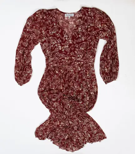 en saison Chiffon Red Gold Paisley Long Sleeve Pullover Pleated Maxi Dress S