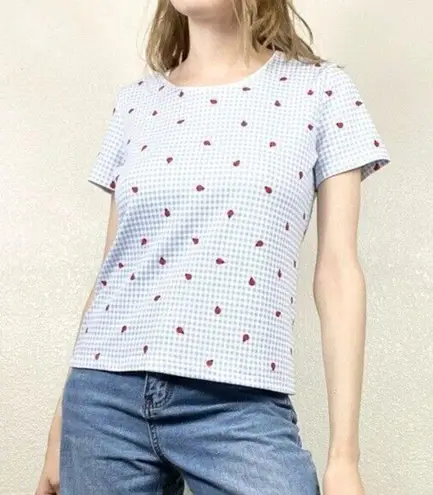 Vintage Blue  & White Gingham Ladybug Picnic Pattern Scoop Neck Tshirt Size S