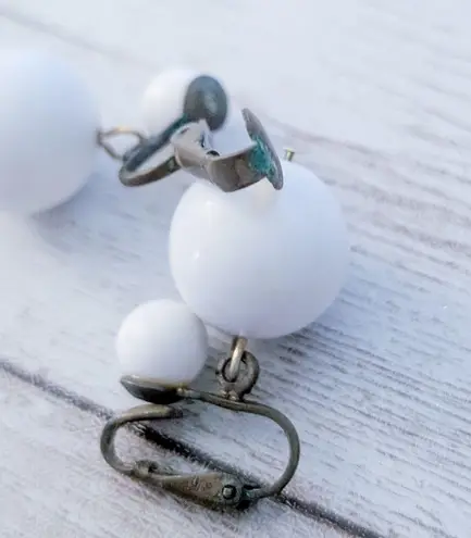 Vintage Clip On Earrings Retro White Duo Ball Dangle