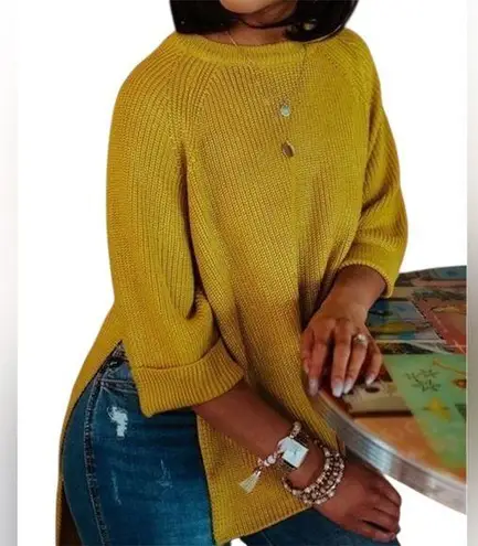 Mote Women's Mustard Yellow Knit Pullover 3/4 Sleeve Casual Sweater S