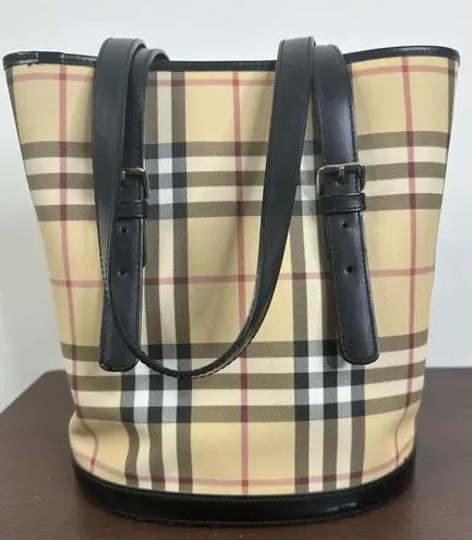 Burberry  London Nova Check Classic Plaid Canvas Leather Bucket Bag Purse