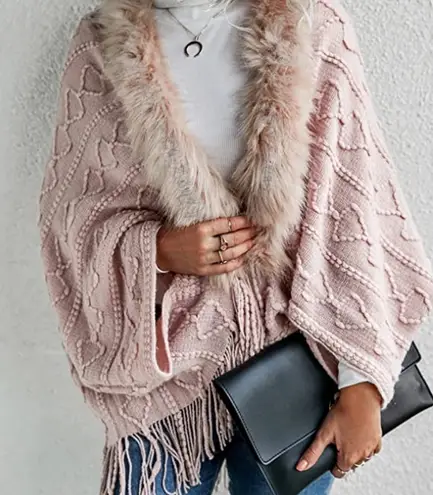 Womens Blush Pink Textured Fringed Faux Fur Trim Open Cardigan OSFM Size undefined