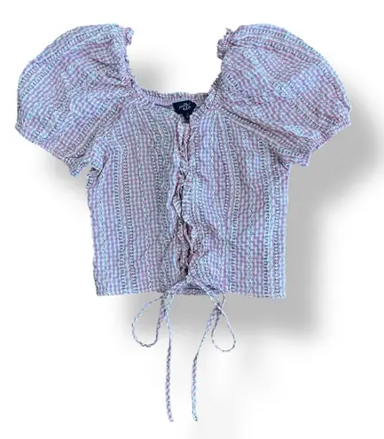 Milk & Honey Gingham Floral Tie Front Top Womens Size S Pink Brown