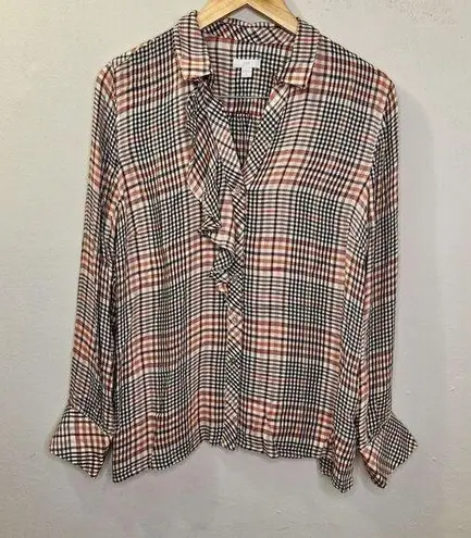 J. Jill Women’s Plaid Button Front Ruffle Tartan Shirt Size Medium Brown
