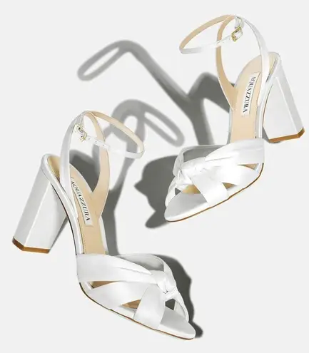 Aquazzura Nina 85 Silk Satin Knot Ankle Strap Block Heel Sandals Bridal White Size 6.5