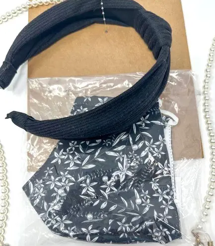 Berry Knotted Headband, Patterned Mask, and Pearl Mask Chain, Brand New Black