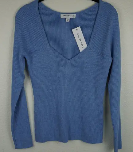 Amour Vert NWT Maelle Ribbed V Neck Long Sleeve Sweater Sky Blue Size M