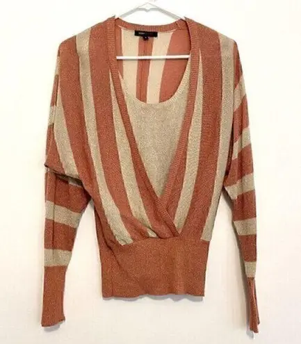 BCBGMAXAZRIA  Pink Gold Tan Striped Metallic Layered Y2K Faux Wrap Surplice Top S