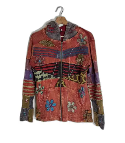 Rising International Jacket Womens Large Red Boho Floral Patchwork Zip Hoodie