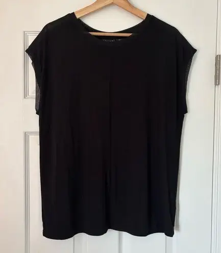 Tahari Black Short Sleeve Mesh Neck Basic Staple Black Tee Cotton Stretch L