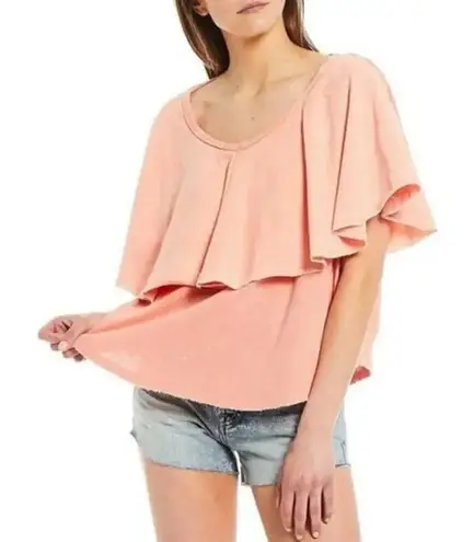 Free People  Women's Medium Girl Talk Ruffle Linen Blend Top Sunny Peach Blouse‎