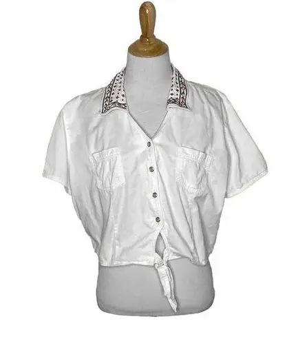 Rhythm Blue Western Embroidered Button Front White Crop Tie Cowgirl Rodeo Sz L