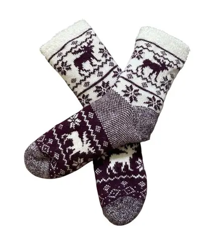 Fair Isle Fluffy Lined Cabin Socks Maroon Red White Deer Print Comfy Women's 6