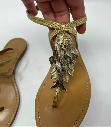 Aerin golden peddle leather t strap sandals with fish scale gem designs 6.5