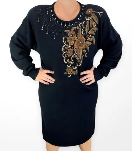 80s Vintage LARISA Black Embroidered and Beaded Knit Midi Sweater Dress Size L