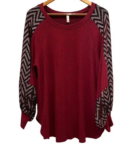 P & Rose Tunic Top Shirt Burgundy Sparkle Sleeves Sz L Wine Zig Zag Accent NEW Red Size L