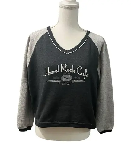 Hard Rock Cafe Houston Texas V Neck Crop Sweatshirt Top Two Tone Gray Small