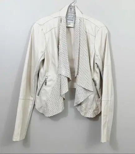 BKE Faux Leather Laser Cut Cream Cropped Open Draped Jacket