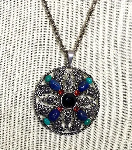 Sterling Silver Turquoise Garnet Onyx Lapis Marcasite Pendant and Rope Necklace