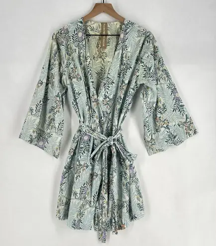 Anthropologie Plum Pretty Sugar Kimono Robe Floral Blue Green 100% Cotton Size M Size M