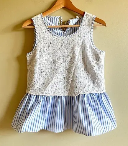 Pleione Blue Lace Overlay Striped Print Tank Top Tie Back Womens Size S