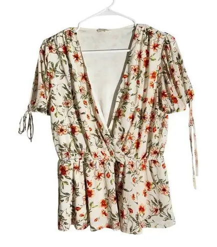 Ember Ivory Floral Ruffle Peplum Wrap Blouse Size M Size M