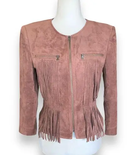 BCBG Max Azria Reiss Vegan Suede Leather Jacket Fringe Accents Toffee Brown